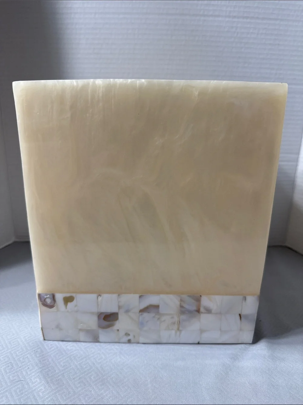 Mid Century Poured Resin Square Wastebasket Mother of Pearl Mosaic Tile Trim